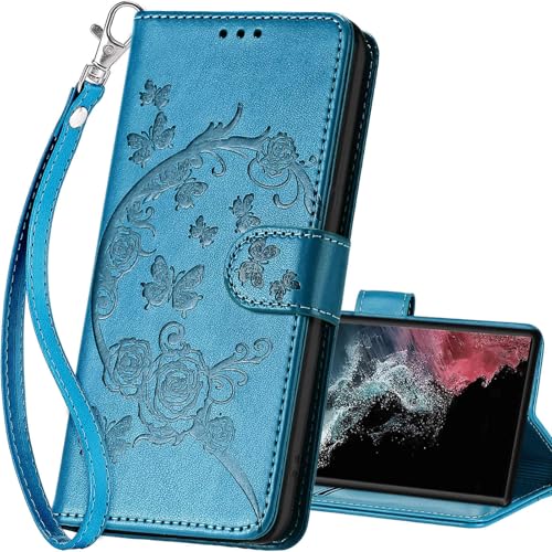 for Samsung Galaxy S23 Ultra Wallet case, Blue-Flower | 3 Card Holders, Kickstand, Shockproof TPU Shell, PU Leather, Magnetic Closure, Protective Flip Folio Cover, Women - color: 7