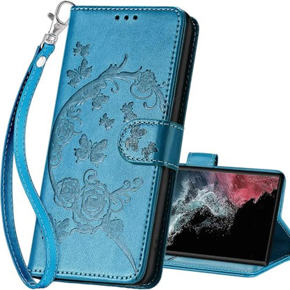 for Samsung Galaxy S23 Ultra Wallet case, Blue-Flower | 3 Card Holders, Kickstand, Shockproof TPU Shell, PU Leather, Magnetic Closure, Protective Flip Folio Cover, Women - color: 7