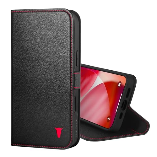 TORRO Leather Case Compatible with iPhone 17 6.3" 2025 - Premium Leather Wallet Flip Case with Kickstand and Card Slots (Compatible with Official MagSafe Chargers) - Black - color: Black with Red Detail, size: iPhone 17