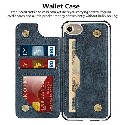 iCoverCase Compatible with iPhone SE(2022)/SE(2020)/7/8/6/6s Wallet Case with Card Slots Holder and Wrist Strap Premium PU Leather Kickstand Magnetic Clasp Shockproof Flip Cover Case (Blue) - color: Blue