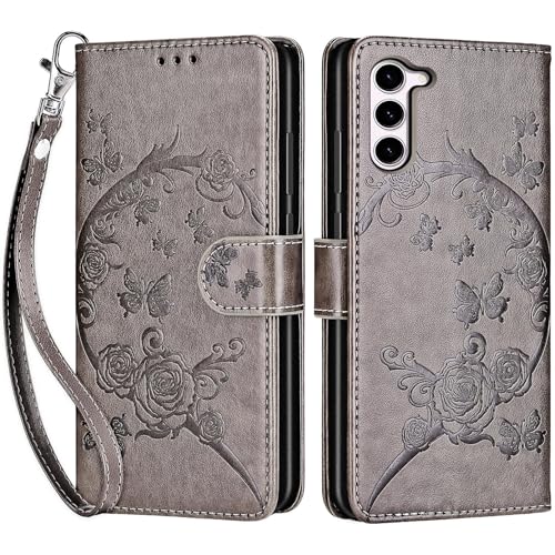 for Samsung Galaxy S23 Wallet case, Gray Flower | 3 Card Holders, Kickstand, Shockproof TPU Shell, PU Leather, Magnetic Closure, Protective Flip Folio Cover, Women - color: 9