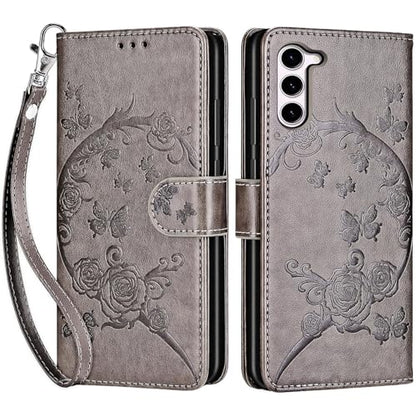 for Samsung Galaxy S23 Wallet case, Gray Flower | 3 Card Holders, Kickstand, Shockproof TPU Shell, PU Leather, Magnetic Closure, Protective Flip Folio Cover, Women - color: 9