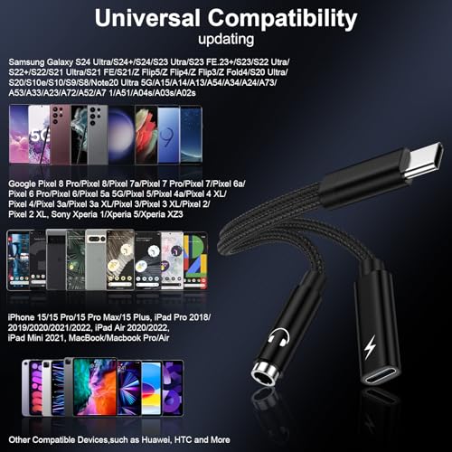 USB C to 3.5mm Headphone and Charger Adapter for Samsung Galaxy A17 A16 S26 - color: black
