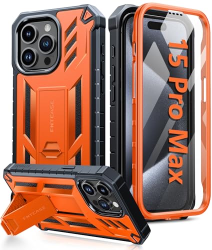 FNTCASE for iPhone 15 Pro Max Case, Built-in Screen Protector, Kickstand | Military-Grade Drop Protection, Anti-Slip Matte Textured, Rugged Heavy Duty Shockproof TPU Protective Cover - color: Orange