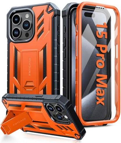 FNTCASE for iPhone 15 Pro Max Case, Built-in Screen Protector, Kickstand | Military-Grade Drop Protection, Anti-Slip Matte Textured, Rugged Heavy Duty Shockproof TPU Protective Cover - color: Orange