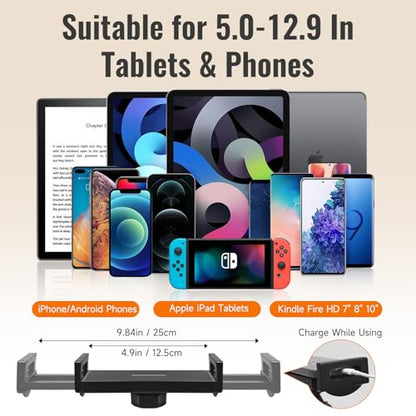 Phone Holder for Bed & Kindle Holder for Bed, Overhead Cell Phone Mount, Adjustable 360° Rotatable Metal Tablet Stand Holder for iPad Pro Air Mini, iPhone17/16, Kindle Other 5-12.9 Inch Devices