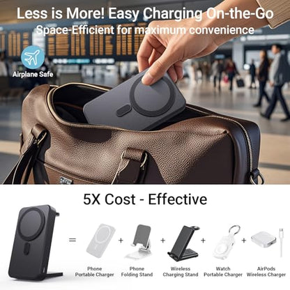 Kysson 5-in-1 Portable Charger,10000mAh Foldable Power Bank Fast Charging,MagSafe Charger Battery Pack Magnetic,Travel Wireless Charging Station for iPhone 17/16/15/14/13/12,iWatch,Air pods, Black