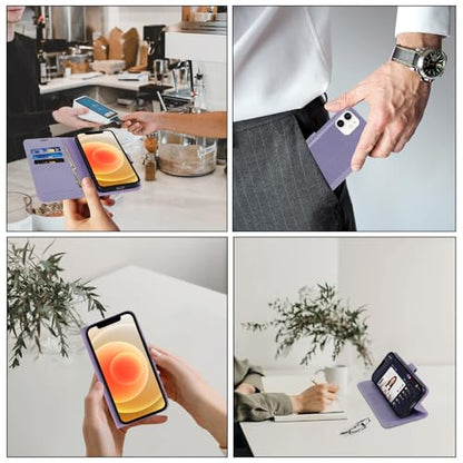 MONASAY Wallet Case Compatible for iPhone 12 mini 5G 5.4-inch,[Glass Screen Protector Included] [RFID Blocking] Flip Folio Leather Cell Phone Cover with Credit Card Holder, Lavenders - color: Lavenders