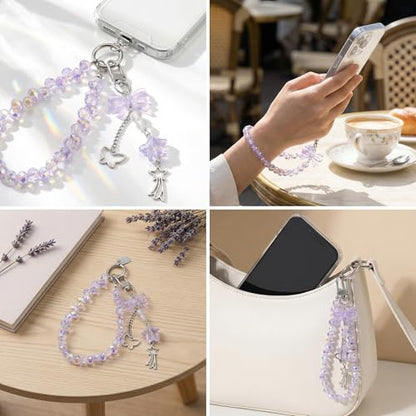 Crystal Beaded Phone Wrist Strap, Cute Cellphone Lanyard Chain, Bow Keychain Wristlet Bag Charms for Women - color: Purple