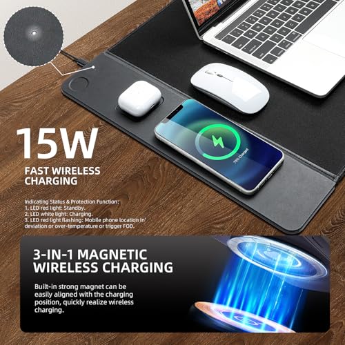 VOVIPO 3 in 1 Wireless Charging Mouse Pad, Gaming Mousepad with Wireless Charger Multiple Devices Compitable with Watch/iPhone/Airpods, Large Desk Mat 90 x 40cm,Desk Pad for MacBook, PC, Laptop-Black - color: Black