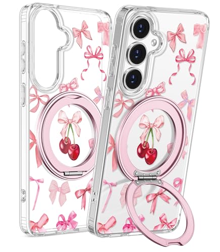 for Samsung Galaxy S25 FE Case with Stand - Cute Soft TPU Clear Phone Cover for Women Girls Compatible with Magsafe Girly Unique Design with Magnetic Ring for S25 FE, Cherry Bow - color: Cherry Bow, size: for Samsung Galaxy S25 FE
