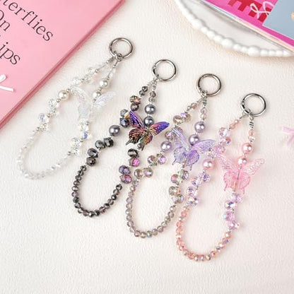 Beaded Phone Wrist Strap,Crystal Glitter Cute Butterfly Keychain Wristlet,Phone Chain Wristlet Purse Bag Charms - color: White