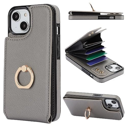Folosu Compatible with iPhone 14 Case Wallet with Card Holder, 360°Rotation Finger Ring Holder Kickstand, RFID Blocking Leather Protective Double Buttons Shockproof Cover 6.1 Inch Gray - color: Gray, size: iPhone 14