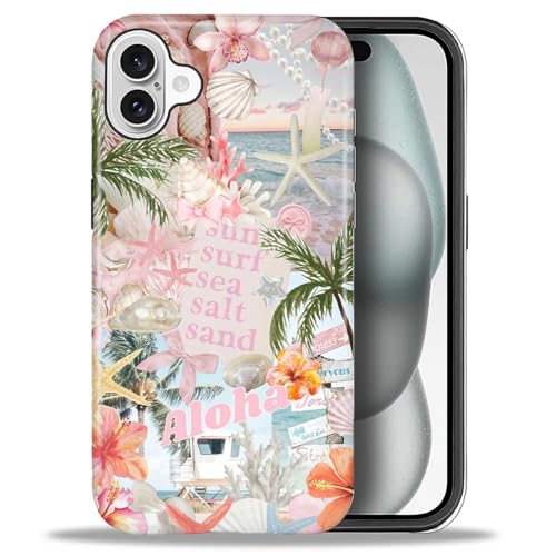 Case for iPhone 16 Plus, Cute Phone Case, Aloha Summer Collage | Hybrid 2-Layer Phone Cover，Military-Grade Protection Durable Shockproof Anti-Scratch Cases - color: Pink Aloha Summer Collage, size: Iphone 16 Plus