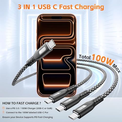 100W USB C Multi Charger Cable 3 in 1, 4ft PD3.0 Fast Charging Cord- 1 Pack