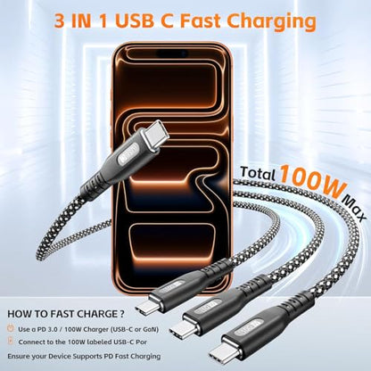 100W USB C Multi Charger Cable 3 in 1, 4ft PD3.0 Fast Charging Cord- 1 Pack