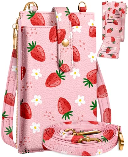 Miss Adola RFID Cell Phone Purse Crossbody Bag for Women | RFID Blocking, Card Slots, Dual Straps, Leather Phone Wallet, Magnetic Buckle, Smooth Zipper, Crossbody Purse for Daily Use - color: Flower Strawberry
