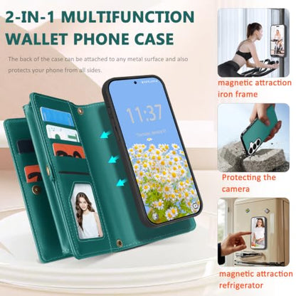 for Samsumg Galaxy S25 Wallet Case, Detachable Magnetic Shockproof Phone Case,Faux Leather Crossbody Wallet,with RFID Blocking，Zipper Card Holder，Shoulder Strap (Green) - color: Green, size: Samsumg Galaxy S25