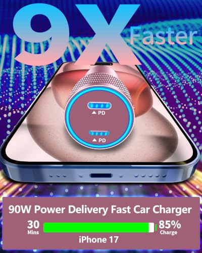 Apple MFi Certified iPhone Duo 18 17 Pro Max Car Charger, USB C Car Charger - color: Titanium Pink