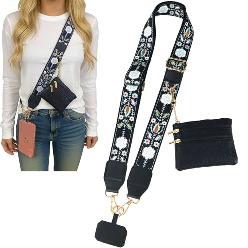 1Pack Canvas Phone Strap Crossbody Phone Strap Adjustable Anti Theft phone Lanyard for Women Phone Bags ID Cards - color: Black Flower