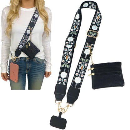 1Pack Canvas Phone Strap Crossbody Phone Strap Adjustable Anti Theft phone Lanyard for Women Phone Bags ID Cards - color: Black Flower
