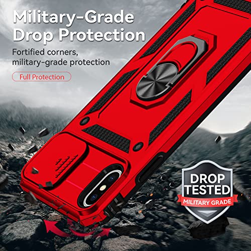 for iPhone Xs Max Case with Camera Lens Cover HD Screen Protector, Dual Layer Military Grade Drop Protection Magnetic Ring Holder Kickstand Protective Phone Case for iPhone Xs Max 6.5 inch (Red) - color: Red with camera cover Military-Grade 2nd gen