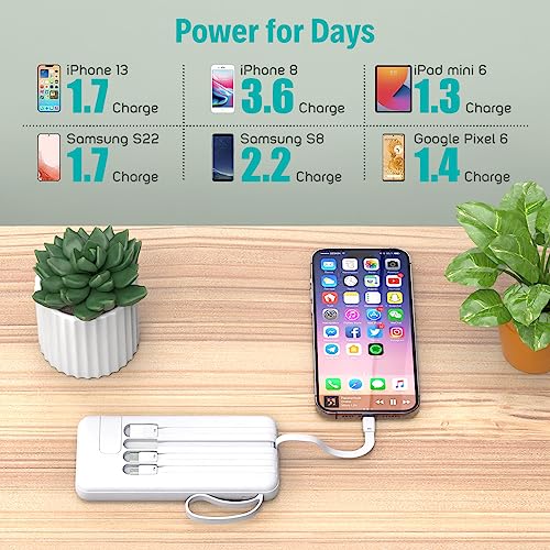 Portable Charger with Built in Cables,10000mAh Slim USB C Power Bank,White - color: White