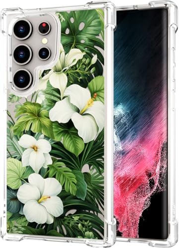 Hungo Galaxy S24 Ultra Case for Girls Women Clear Design Cute,Girly Case Compatible with Samsung Galaxy S24 Ultra Green Tropical Palm Leaves Hibiscus Flower Forest Jungle - color: Green Tropical Leaves