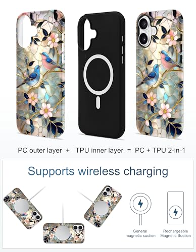 Jusy Magnetic Stained Glass Floral Case for iPhone 16e/17e, Bird | Compatible with MagSafe, Cute Aesthetic Flower Design, TPU and PC Protective Phone Cover - color: Bird