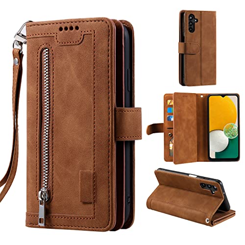 EYZUTAK Wallet Phone Case for Samsung Galaxy A16 4G/5G, Retro Matte 9 Card Holder Slots Zipper Pocket Handbag Case PU Leather Magnetic Closure Kickstand with Wrist Strap Flip Folio Purse Case - Brown - color: Brown, size: Samsung Galaxy A16 4G/5G