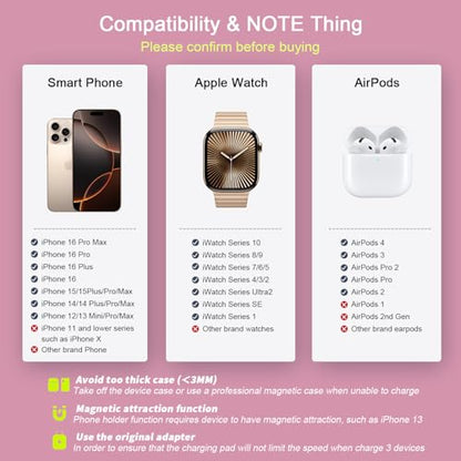 3 in 1 Wireless Charging Station for Apple,Foldable Magnetic Travel Charger - color: deep pink