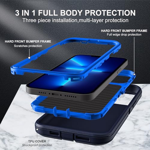 YKHJKLEC for iPhone 13 Pro Case, Military Grade 3 in 1 Heavy Duty Shockproof/Drop Proof/Dust Proof Case with 2Pcs Tempered Glass Screen Protector (Navy Blue) - color: Navy Blue