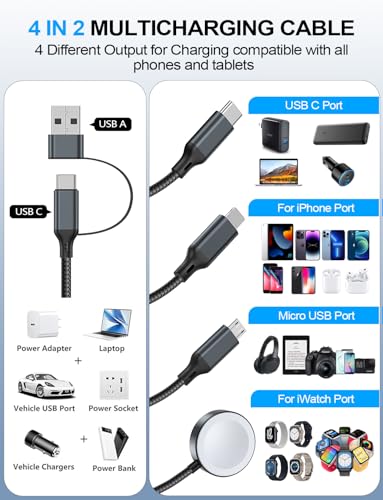 4-in-2 Multi Charging Cable for Apple Watch Charger/eBook Reader Charger - color: 1-Black, size: 1.2M