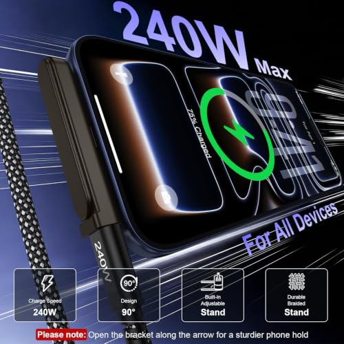 Invisible Holder C Charger Cable with Stand,Detachable 2 in 1 USB C Cable - color: Black