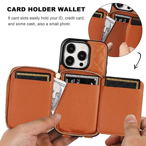Bocasal Crossbody Wallet Case Card Holder for iPhone 15 Pro, Brown | RFID Blocking PU Leather Zipper Handbag Purse, Kickstand Flip Folio Case with Card Slots Holder Wrist Strap Lanyard 6.1 Inch - color: Brown