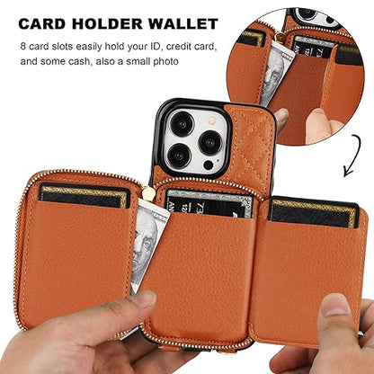 Bocasal Crossbody Wallet Case Card Holder for iPhone 15 Pro, Brown | RFID Blocking PU Leather Zipper Handbag Purse, Kickstand Flip Folio Case with Card Slots Holder Wrist Strap Lanyard 6.1 Inch - color: Brown