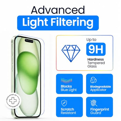 Ocushield Anti Blue Light Tempered Glass Screen Protector of iPhone 15 Plus (6.7") – Blocks Blue Light, Prevents Eye Strain & Helps You Sleep Better, 9H Hardness & Case Friendly | Fits 6.7 inch display. 9H tempered glass blocks UV & blue light. Anti-bacte