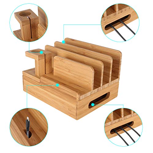 Bamboo Wood Multi-Device Desktop Charging Dock Station Charger Holder Cradle Charge Stand Compatible iPhone 16 15 14 13 Pro Max iPad Mini Pro Air Apple Watch Ulrta 10 9 8 7 6 5 4 3 2 iWatch Smartphone - color: Medium