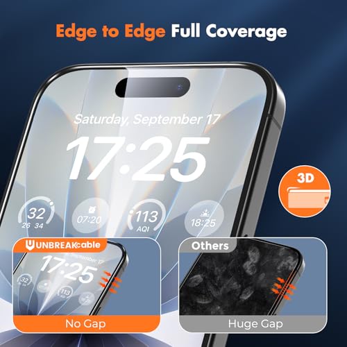 UNBREAKcable for iPhone 17 Screen Protector, 3-Pack Full Coverage Tempered Glass Screen [Military Grade Shatterproof] [9H Hardness] [Bubble Free] [Easy Installation] [99.99% HD Clear] for iPhone 17 - size: iPhone 17