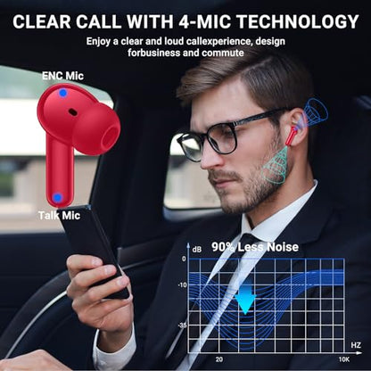 Wireless Earbuds, 2024 Wireless Headphones HiFi Stereo Earphones with 4 ENC Noise Canceling Mic, 42Hs Playtime In Ear Earbud, Bluetooth 5.3 Sport Earphones with LED Power Display for Android iOS Red - color: Red