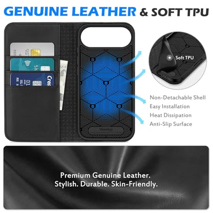 SHIELDON Genuine Leather Wallet Case for iPhone Air 6.5" 2025, Black | Magnetic Closure, RFID Blocking, Credit Card Holder, Kickstand, Folio Design, Shockproof TPU Phone Cover - color: Black