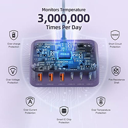 100W 6 in 1 USB Charger, 50% Smaller Charging Station for Multiple Devices - color: E-Purple