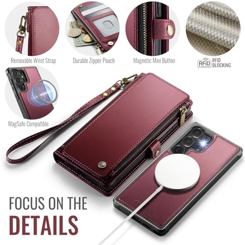 Defencase for Galaxy S23 Ultra Case Wallet Compatible with Magsafe, WineRed | Magnetic Detachable, RFID Bolcking Card Holder, Zipper Strap, PU Leather Drop-Proof Phone Cover for Samsung Galaxy S23 Ultra - color: (Detachable with Magsafe)-Wine Red