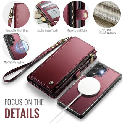 Defencase for Galaxy S23 Ultra Case Wallet Compatible with Magsafe, WineRed | Magnetic Detachable, RFID Bolcking Card Holder, Zipper Strap, PU Leather Drop-Proof Phone Cover for Samsung Galaxy S23 Ultra - color: (Detachable with Magsafe)-Wine Red