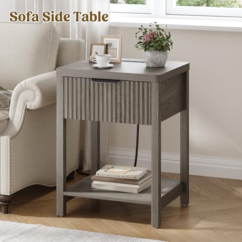 Night Stand Set 1, Fluted Wood Bedside Table w/Socket Station for Bedroom - color: Dark Grey, size: 1 Drawer-Set of 1 Nightstand