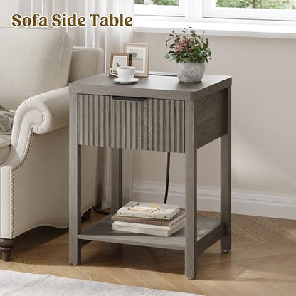 Night Stand Set 1, Fluted Wood Bedside Table w/Socket Station for Bedroom - color: Dark Grey, size: 1 Drawer-Set of 1 Nightstand