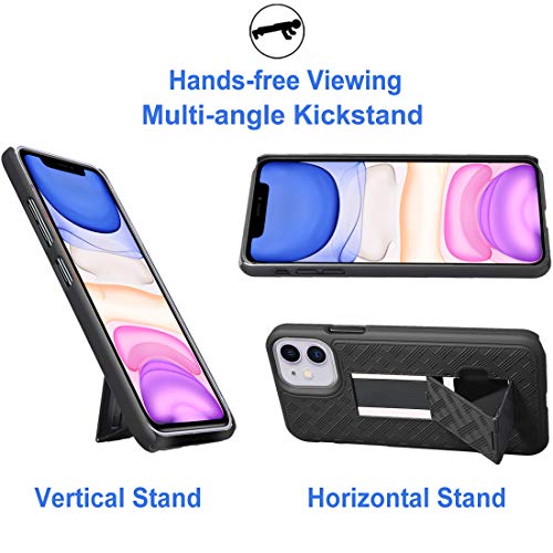 for iPhone 11 Belt Clip Case, Stand Holster Screen Protector-Black | Swivel Kickstand Holder, Slim Shell Slide Pouch Full Body Protective, Rugged Heavy Duty Shockproof Outdoor Cell Phone Cover