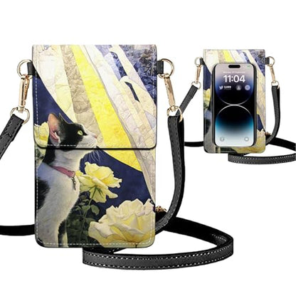 Small Crossbody Bags for Women Touchscreen Cell Phone Bag Cross Body Purses with adjustable Strap,Gifts For Teenage Girls - color: White Rose & Cat