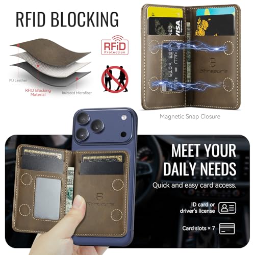 Strapurs Strong Magnetic Wallet Card Holder for MagSafe Phones and Cases, Slim PU Leather Detachable Phone Wallet with 6 Card Slots RFID Blocking for iPhone 17/16/15/14/13/12/Pro/Max/Plus – Brown - color: Brown