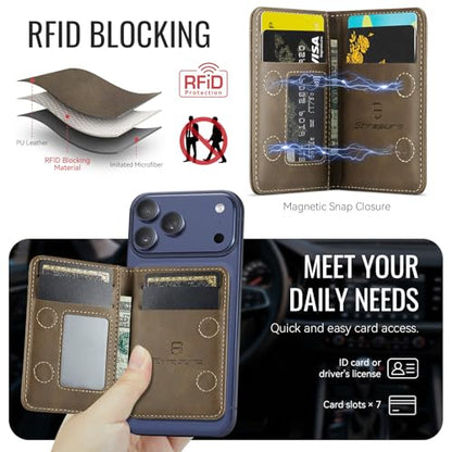 Strapurs Strong Magnetic Wallet Card Holder for MagSafe Phones and Cases, Slim PU Leather Detachable Phone Wallet with 6 Card Slots RFID Blocking for iPhone 17/16/15/14/13/12/Pro/Max/Plus – Brown - color: Brown
